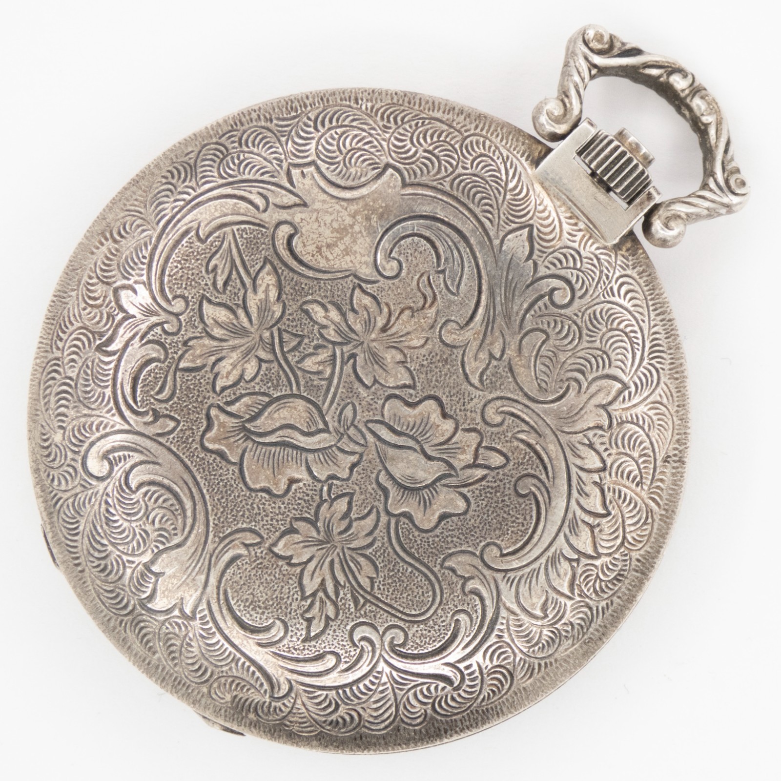 Emka 43.7 x 55.3 mm 0.835 Silver Pocket Watch with Floral Motif, Keeps Time