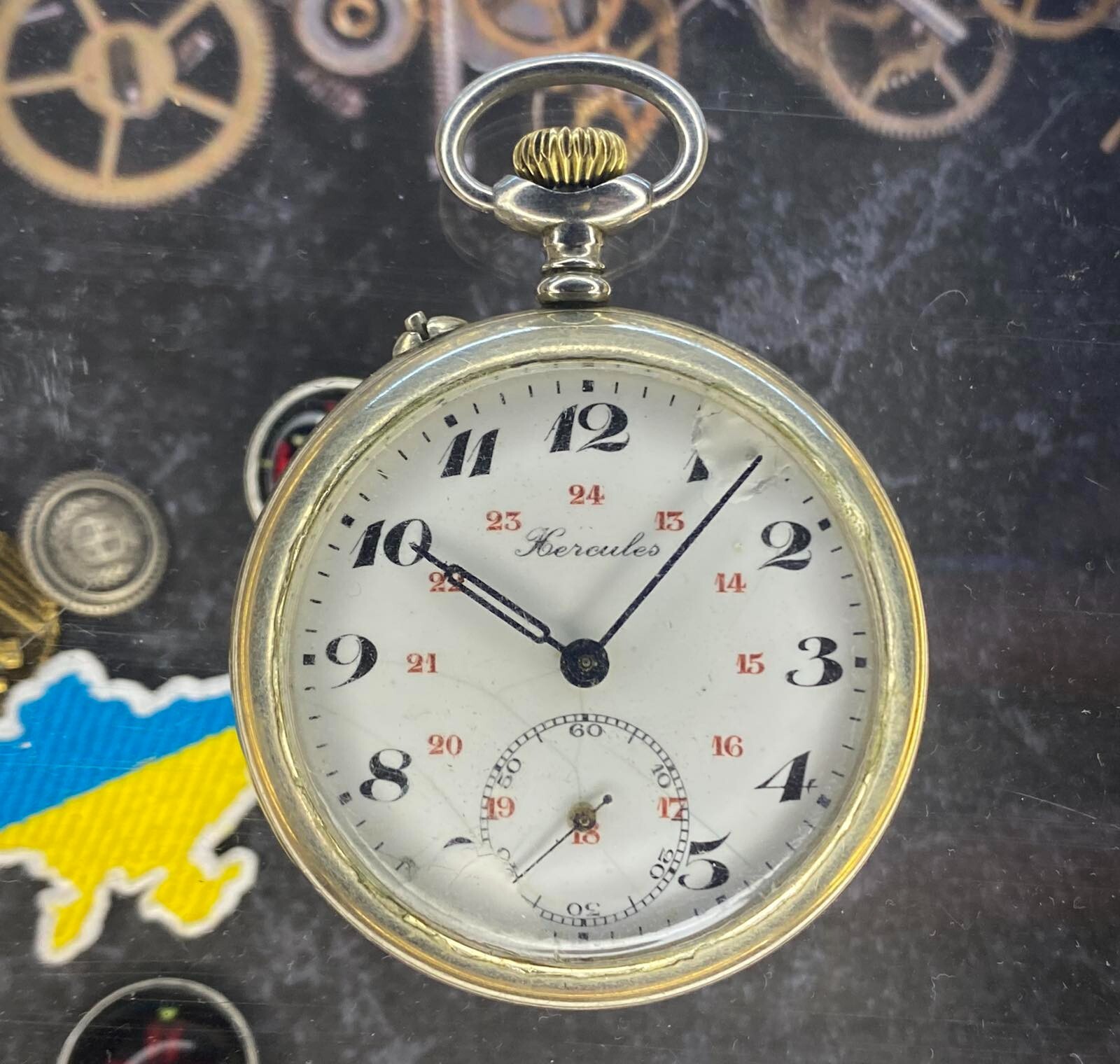 Antique Pocket Watch Mechanical Swiss Silver Depose Art Hercules Bicycles Rare