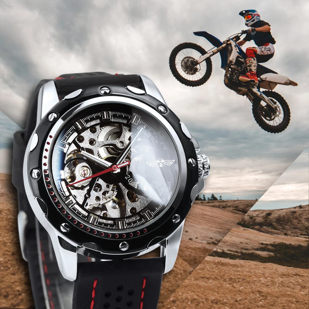 Automatic Skeleton Watch Men Mechanical Self Wind Black Rubber Strap WINNER