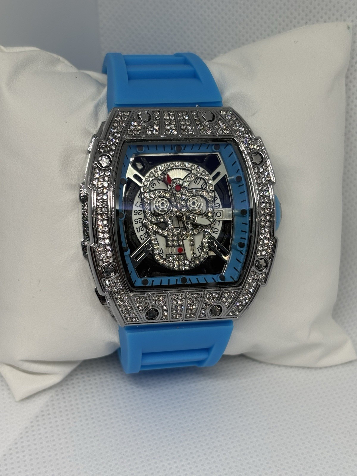 MENS Blue Skull Dial Crystal Quartz Watch Blue Rubber Strap NEW w/ Box