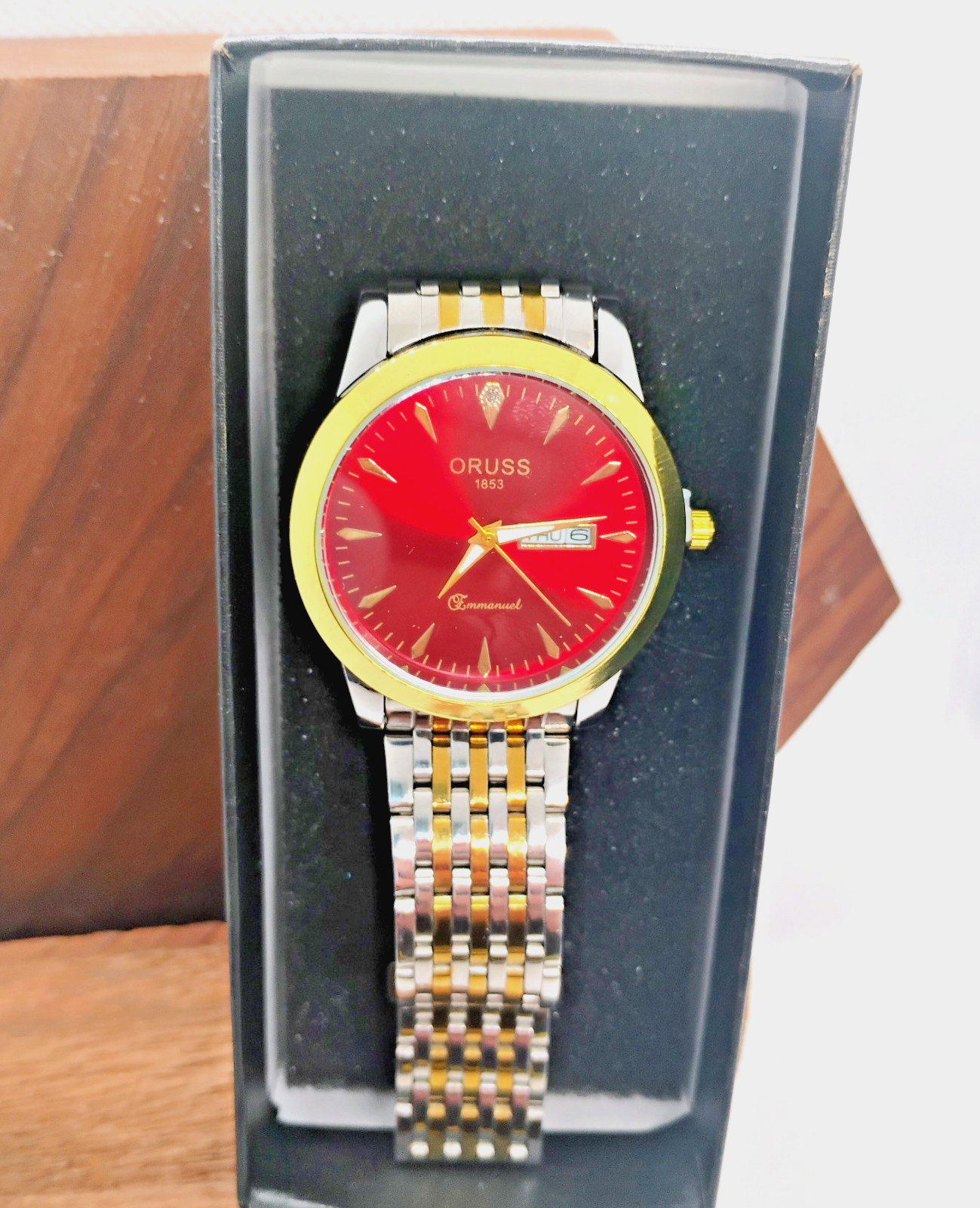 ORUSS 1853 Men’s Wrist Watch Red Dial Silver Gold Stainless Day Date New In Box