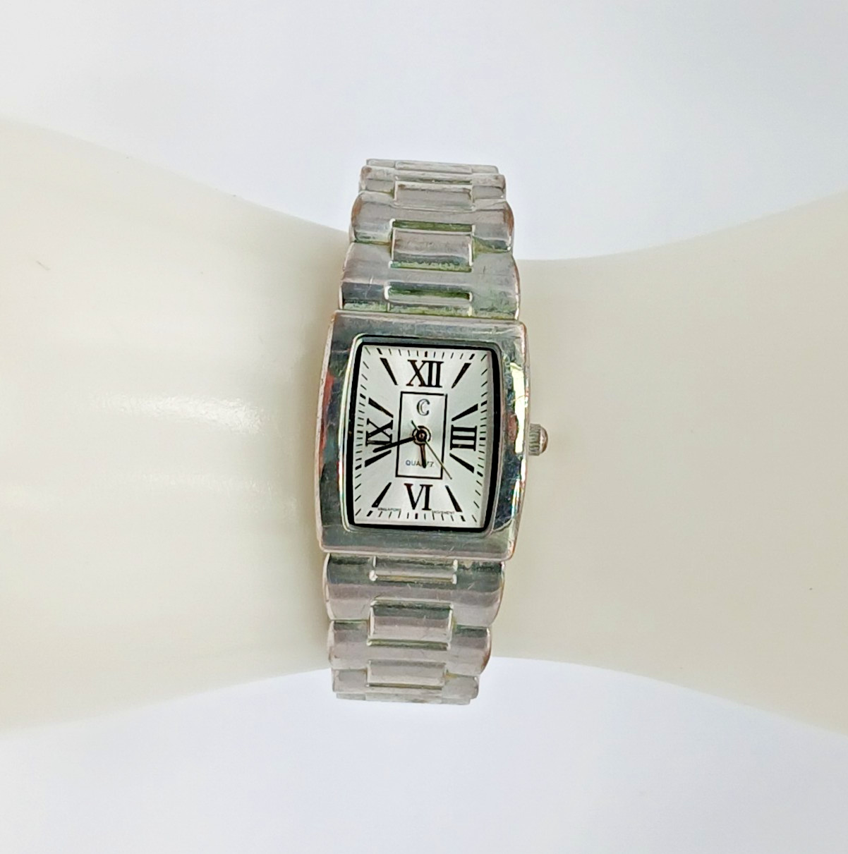 CC Cuff Bracelet Watch Silver Tone Roman Numerals Square Spring Hinge Seconds