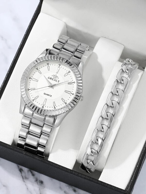 1pc Round Pointer Quartz Watch & 1pc Bracelet Rich and high quality 
