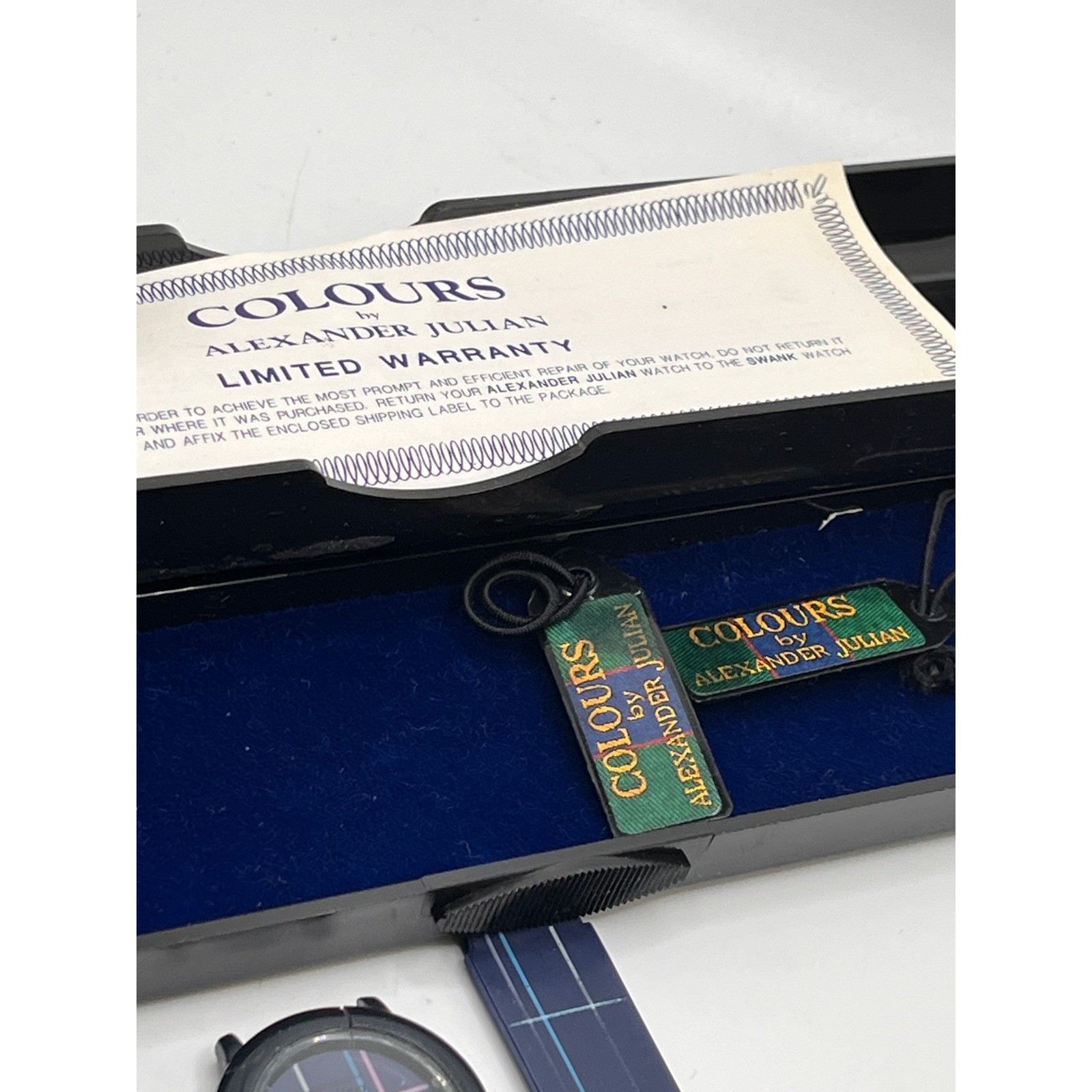Colours by Alexander Julian Vintage Plaid Watch Navy Blue Acrylic Case Box READ