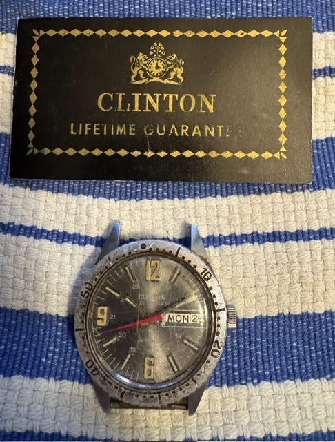 Vintage Clinton Watch- 25 Jewel Auto – Time Day Date – Still Ticking! No Band.