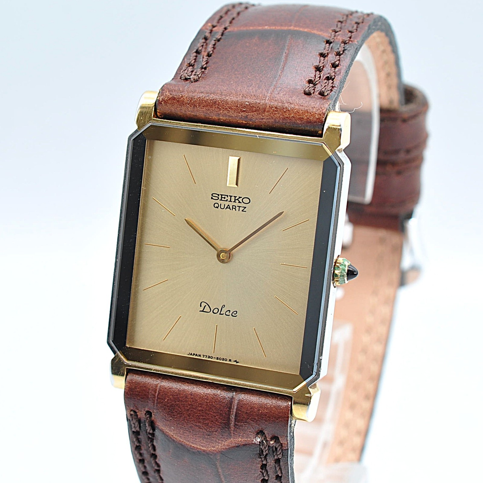 SEIKO DOLCE 7730-5020 Quartz Gold Octagon Brown Leather Men’s Watch Auth w-3168