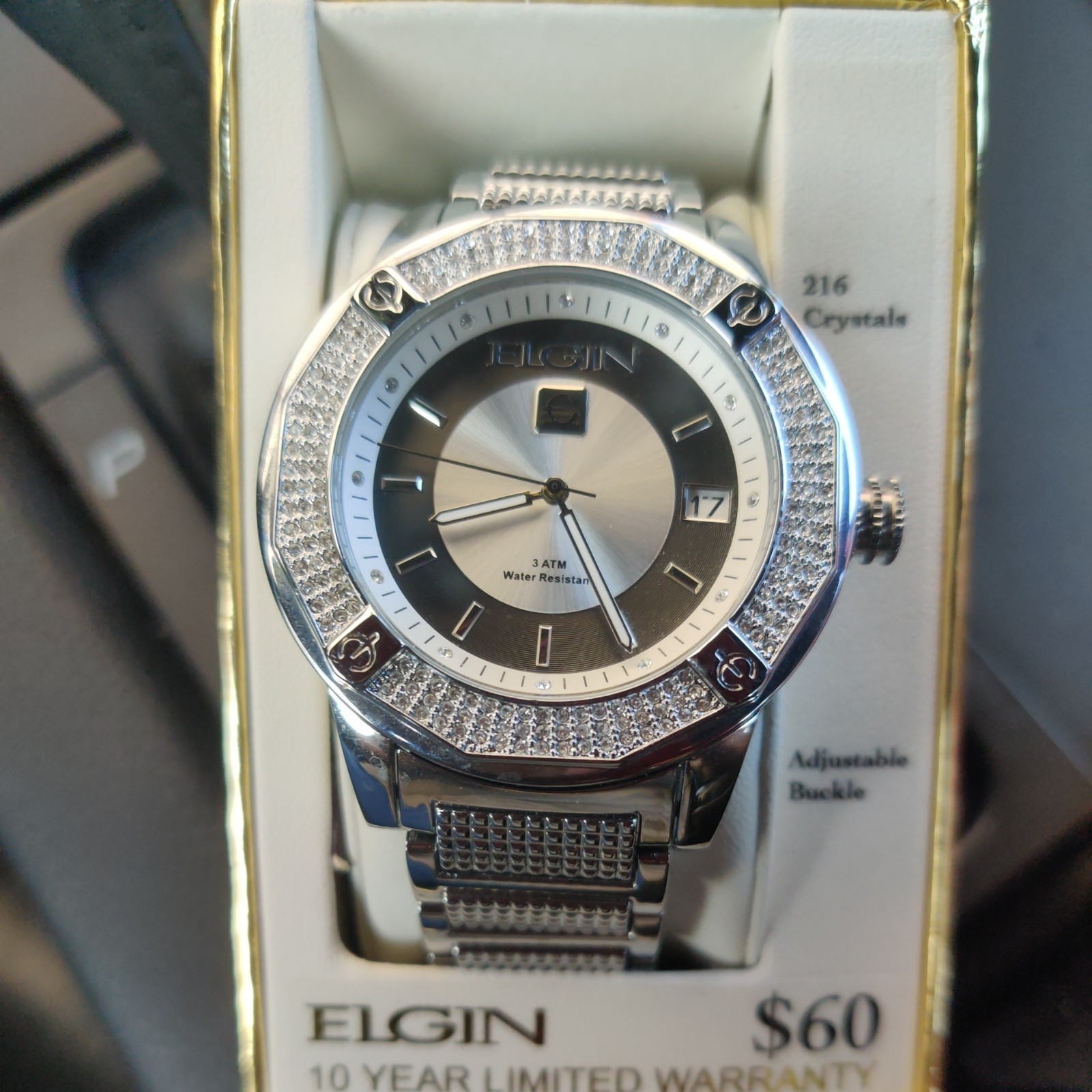 Elgin Men’s Watch 216 Crystals Diamond Indices Date Window SS Band 46mm FG160032