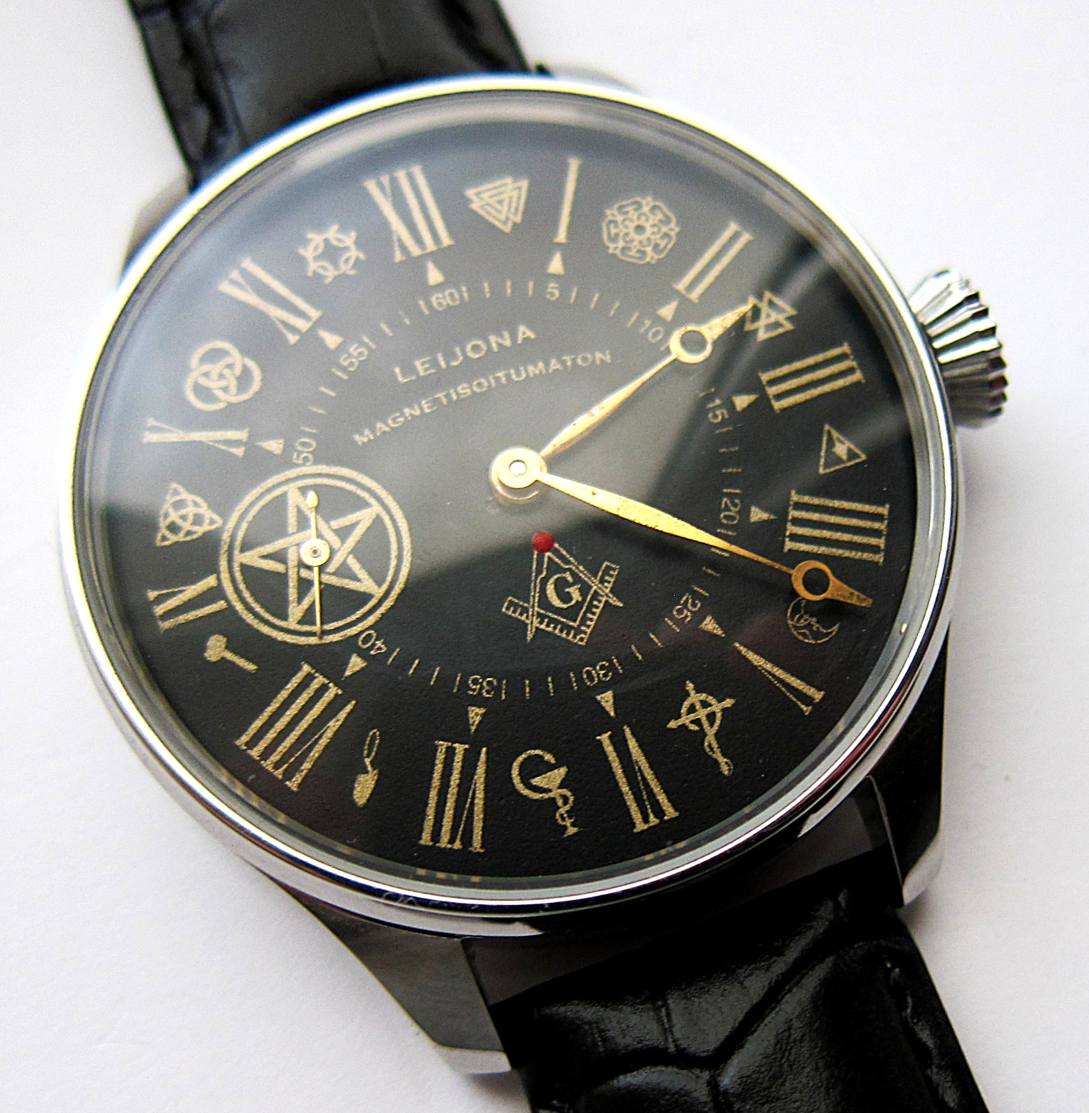 Rare Big LEIJONA Masonic Heritage Watch Esoteric Dial, New Case 48mm, MARRIAGE.