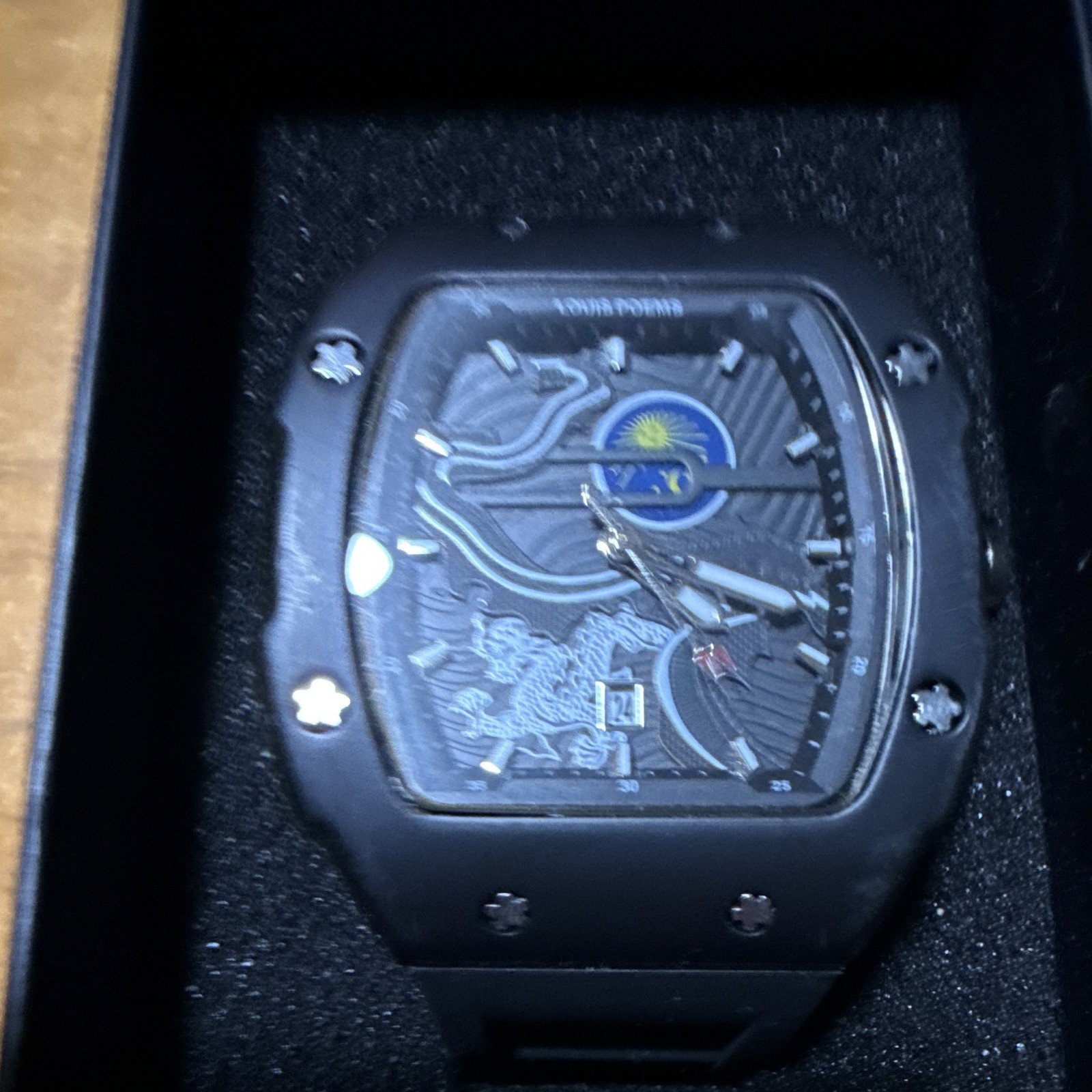 Louis Poems Men’s Tonneau Automatic Date Watch Black Steel Rubber Strap w/ Box