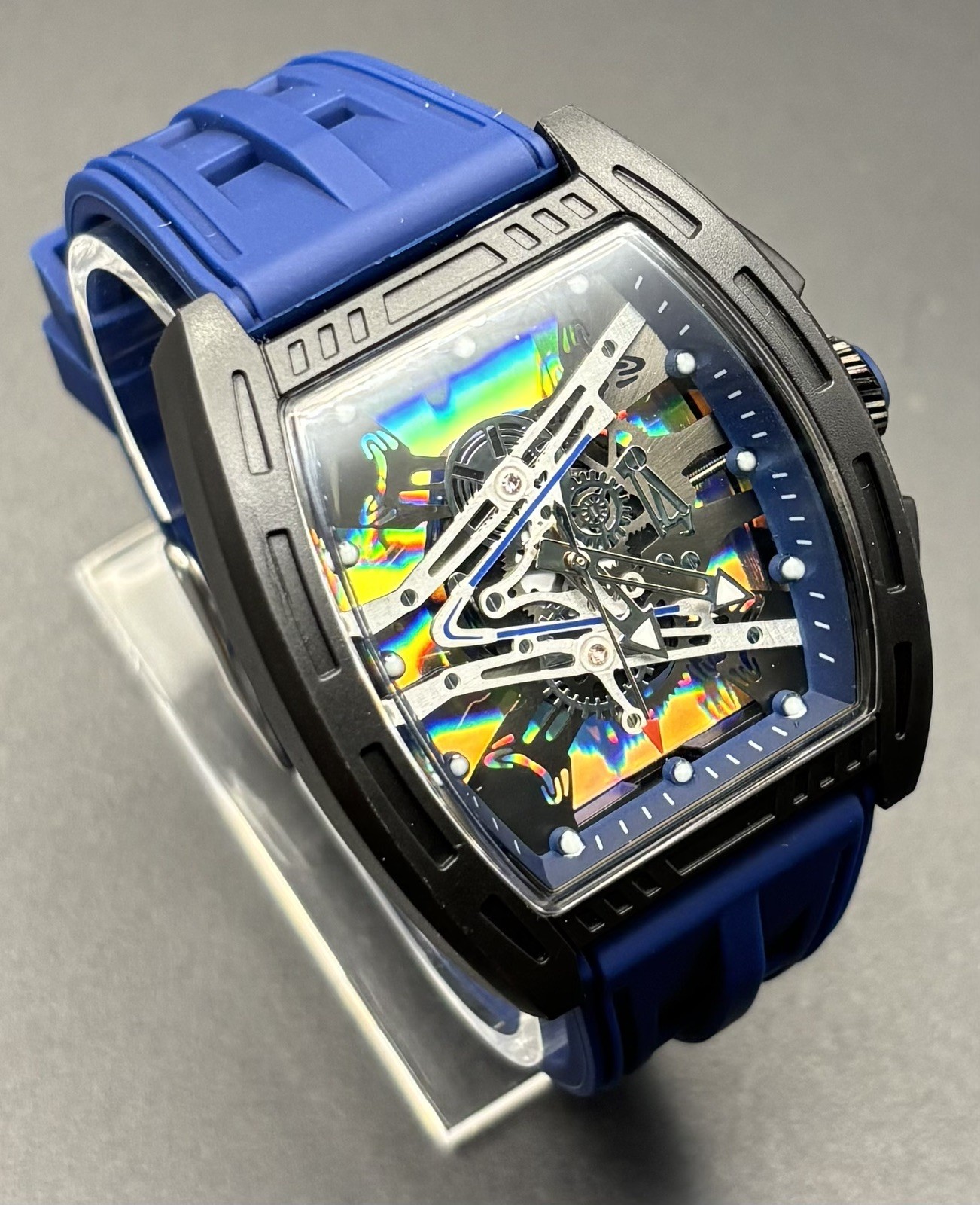 Men’s Analog Sport Watch 42mm Black Skeleton Dial Blue Silicone -NEW