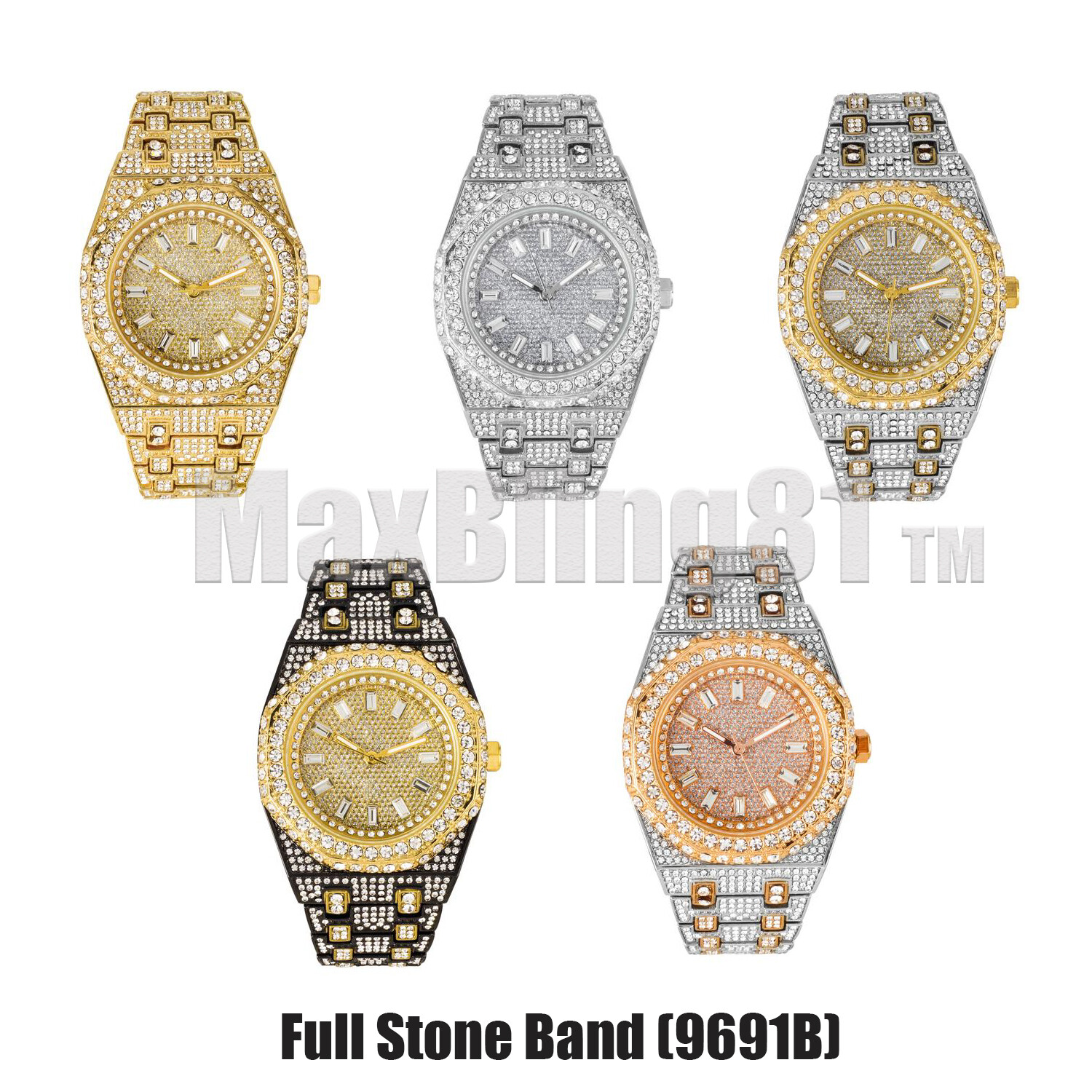 Men Full Iced Band Simulated Diamond Gold Silver Rose Gold Plated Hip Hop Watch