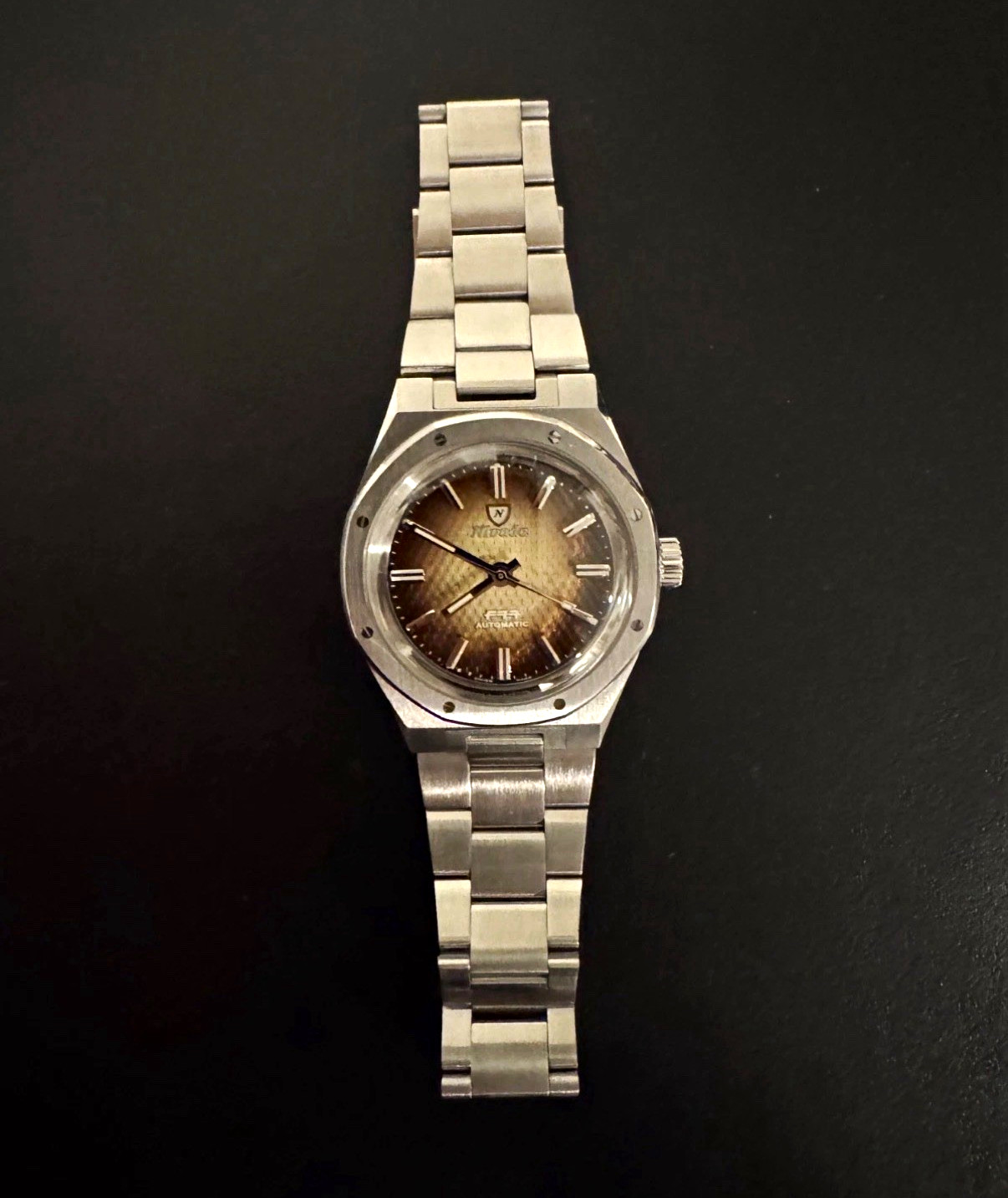 Nivada Grenchen F77 Brown Textured Dial Auto 37mm Octagon 100m SS Box/Papers