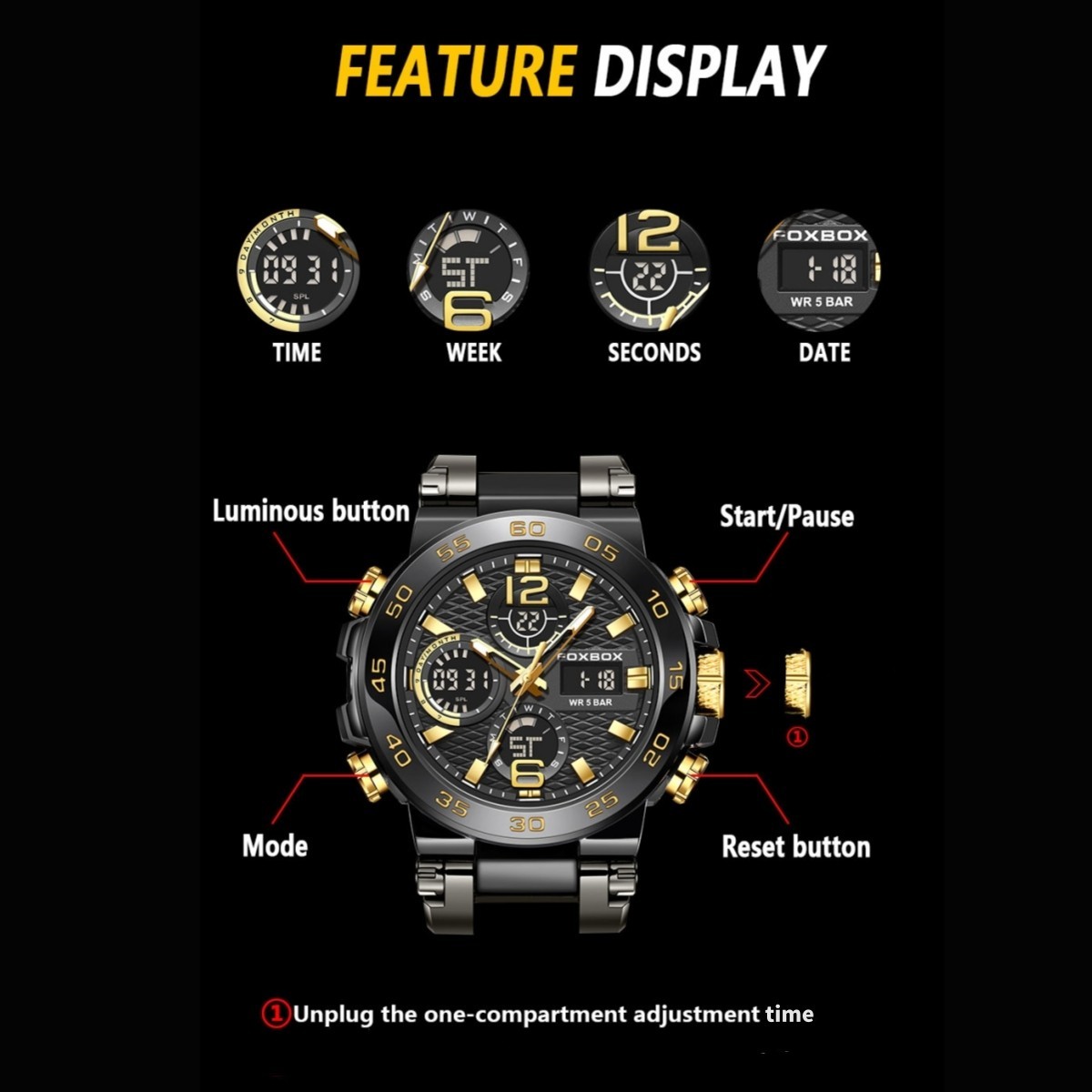 Men Watch Quartz Diver Sport Chronograph Luminous 5ATM Waterproof Boy Wristwatch