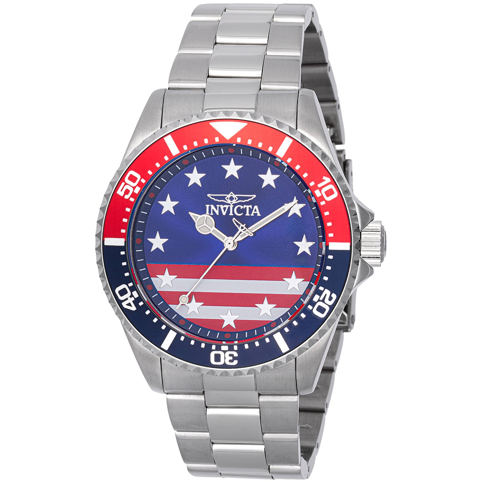 Invicta Men’s Watch Pro Diver Red, White and Blue Dial Silver Bracelet 48942