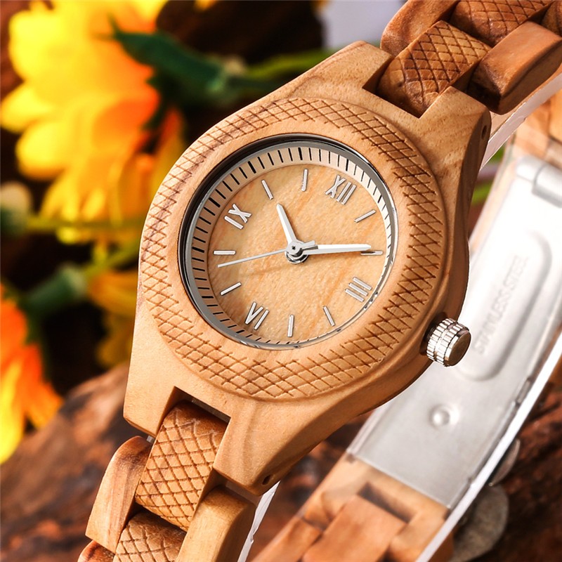 Women’s Wooden Wristwatch with Wood Bracelet Vintage Style Folding Clasp Quartz
