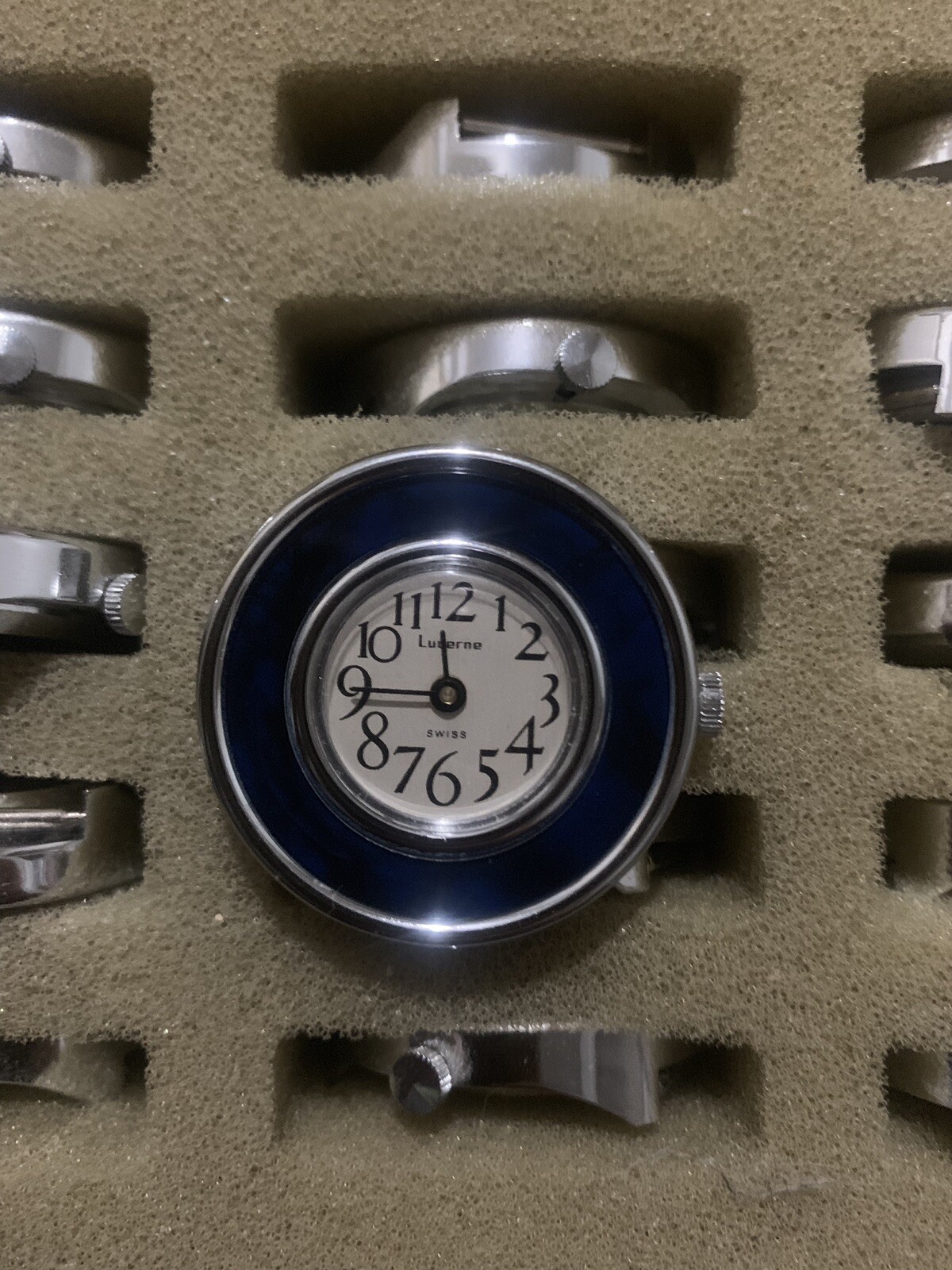 Lucerne Mint NOS Unused 1970s Round Blue & Silver Windup Watch From Factory Box