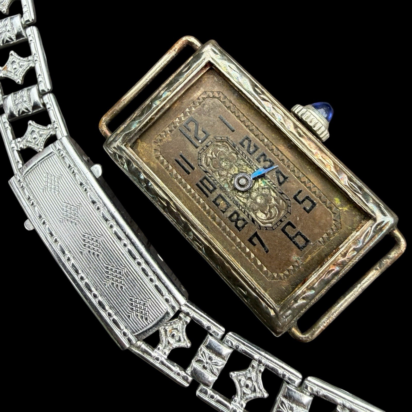 1920s 18k Belais White Gold Watch Case Sapphire Crown 17 Jewel Deco Band AS-IS