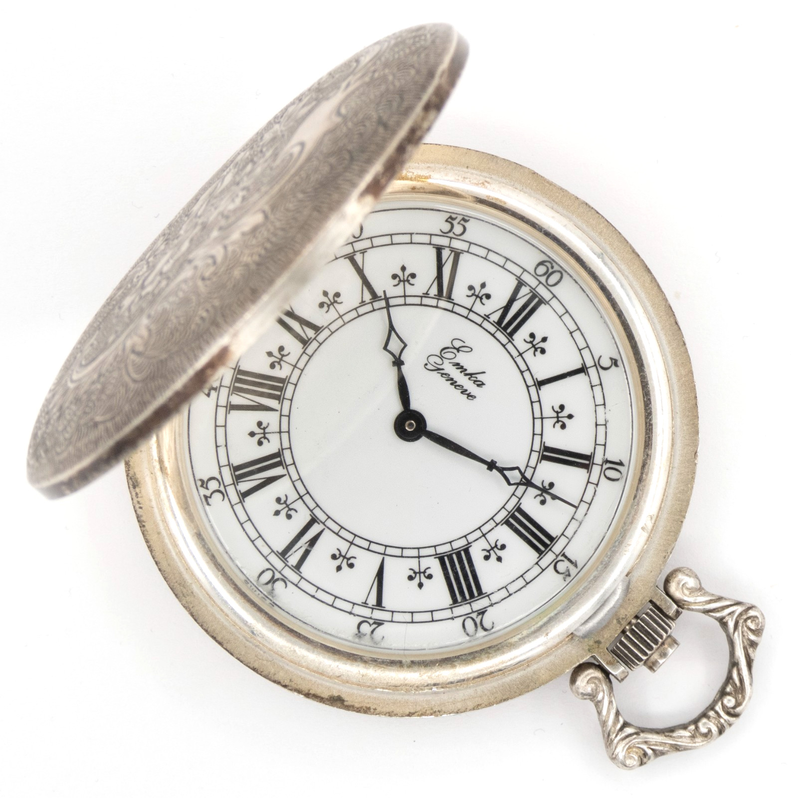 Emka 43.7 x 55.3 mm 0.835 Silver Pocket Watch with Floral Motif, Keeps Time
