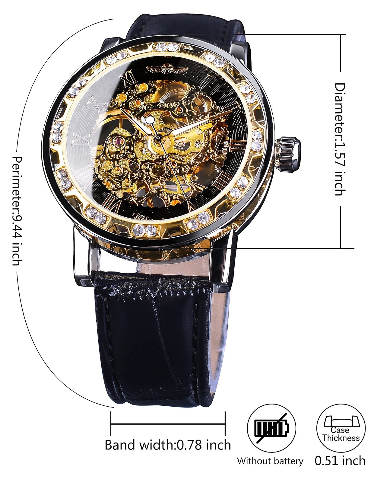 Retro Mechanical Skeleton Watch for Men, Diamond & Carved Flower Design, Classic