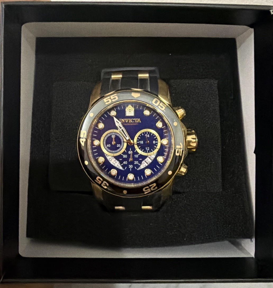 Invicta Men’s Watch Pro Diver Scuba Chrono Black and Yellow Gold Strap 37229