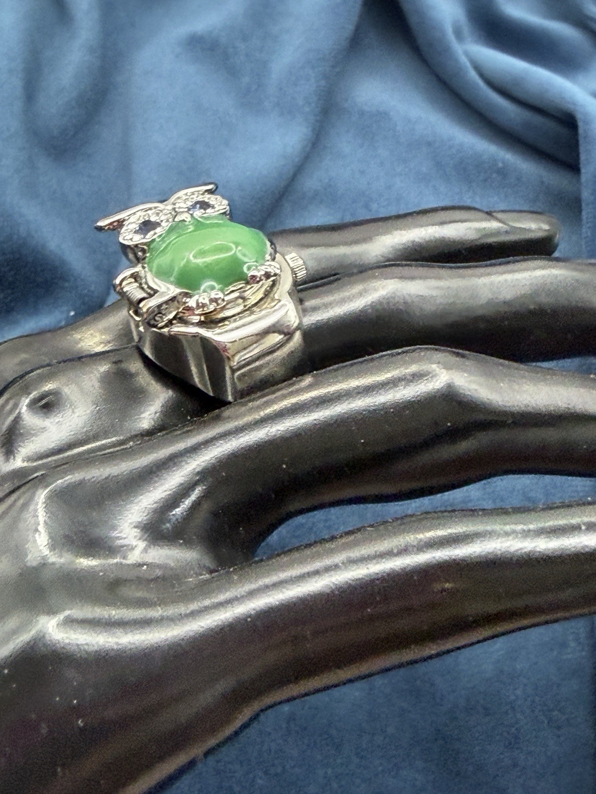 Strada Owl Ring Watch Adjustable Hidden Face Green Stone Rhinestones Silver Tone