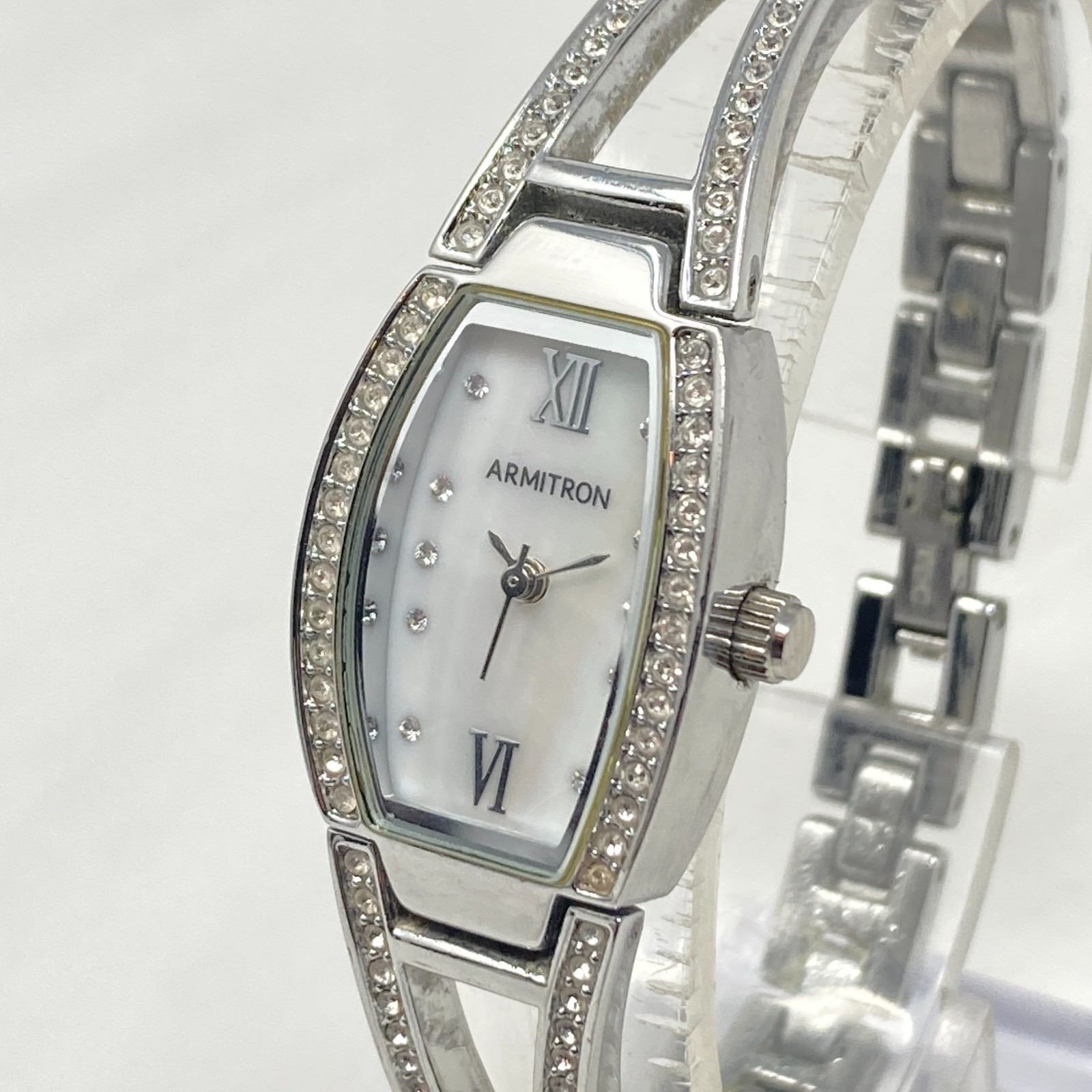 Armitron Watch Women 18mm Silver Tone Crystals Bling MOP Dial New Battery 6.5″