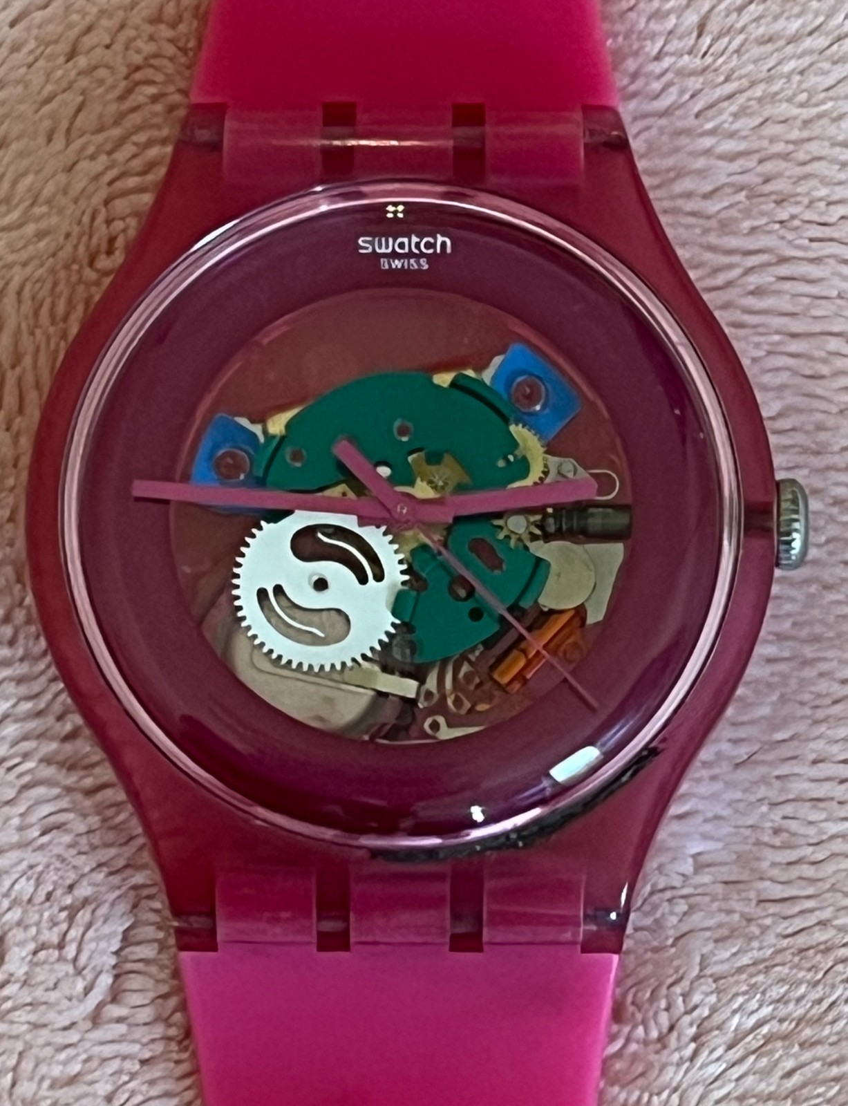 RARE Vintage Swiss Swatch Pink Jelly Skeleton Watch • NEW BATTERY Pristine Gear
