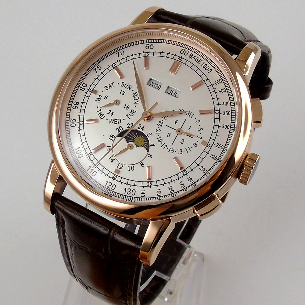 42mm Sterile Automatic Mens Watch Date Month Year Week Leather Strap White/Black