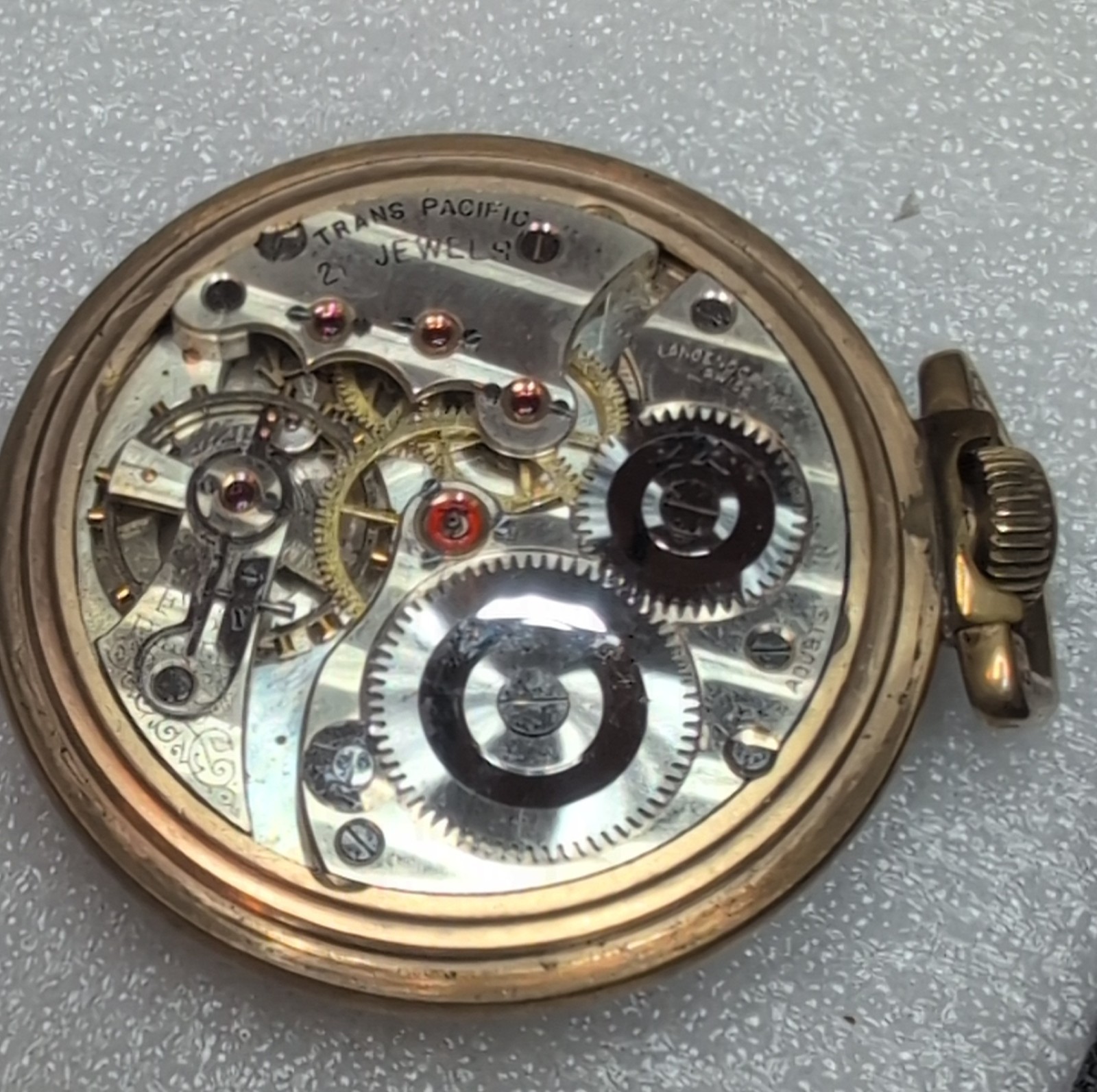1886 Trans Pacific 21 Jewels Pocket Watch Keystone Yellow Gold White Dial