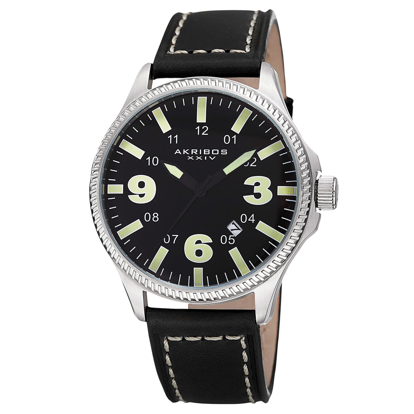 New Men’s Akribos XXIV AK833GN Easy-to-Read Quartz Date Black Leather Watch