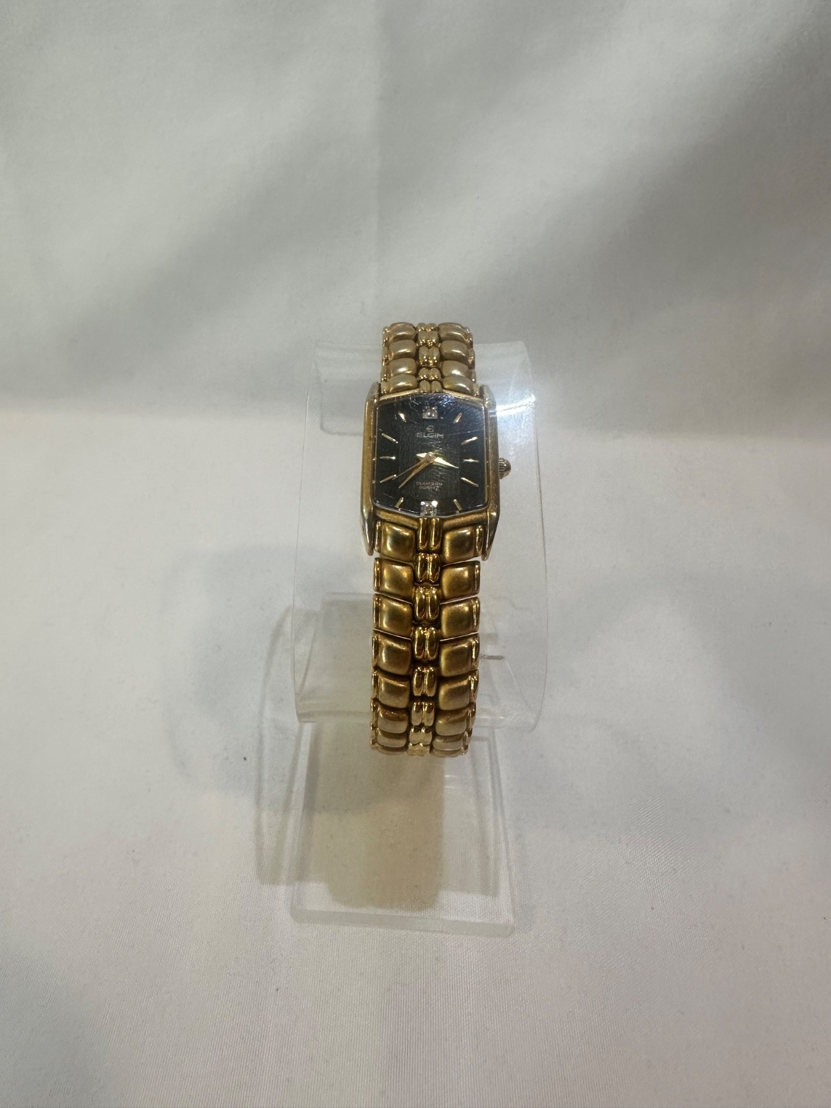 Elgin Womens Diamond Watch Gold Tone Rectangular Black Dial, Has New Battery, 7″
