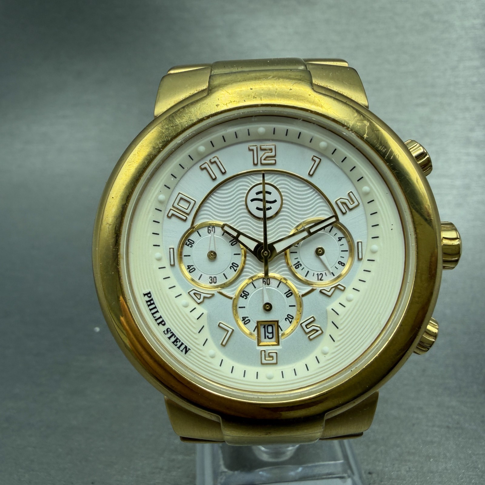 Philip Stein Active Chronograph Watch Men 45mm White Dial Gold Tone New Battery