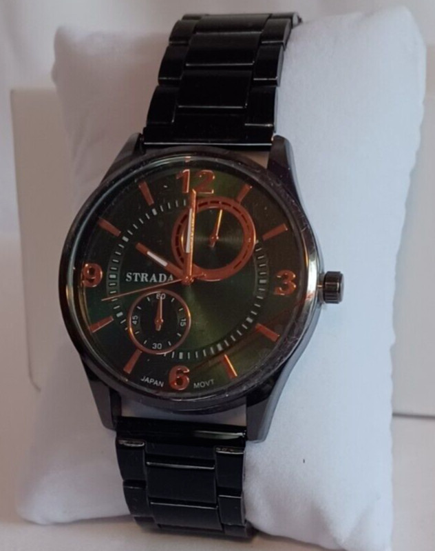 STRADA Mens Wristwatch Black Stainless Steel SPLASH WATER RESISTANT Original Box