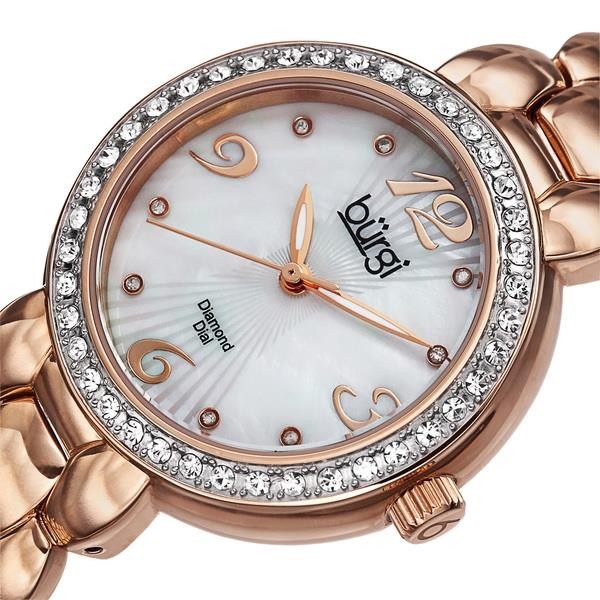 Burgi BUR084RG Swiss Quartz MOP Diamond Dial Crystal Bezel Rosetone Womens Watch