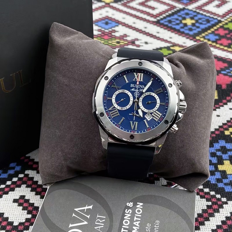 Bulova Men’s Blue Dial Black Rubber Strap Marine Star Quartz 98B258 Watch 44mm