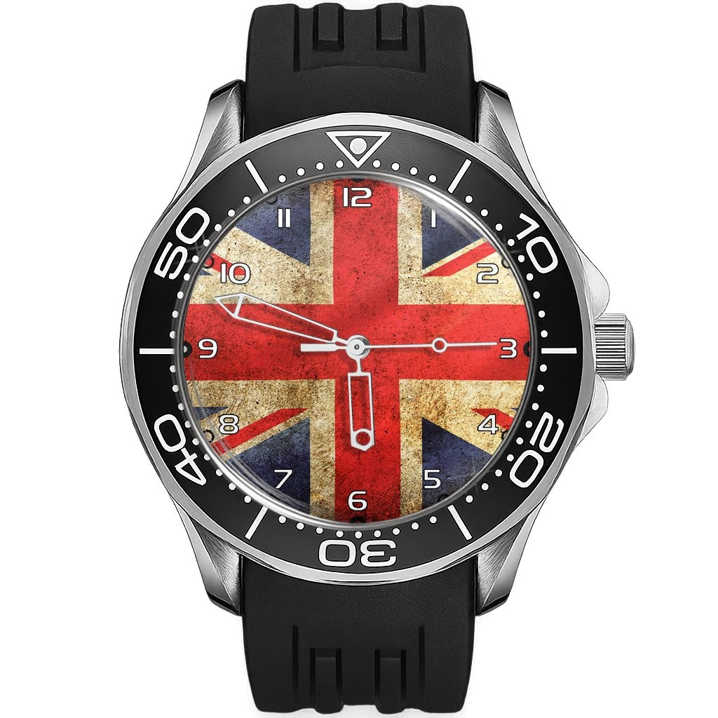 United Kingdom Flag Collectable Diver Sporty Style Silicone Black Strap Wrist