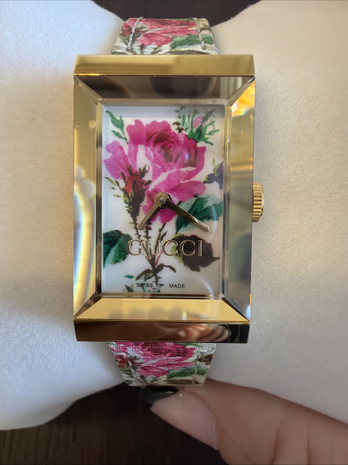 GUCCI G-Frame Watch YA147406 Gold Plated Quartz 21x34mm Floral Dial
