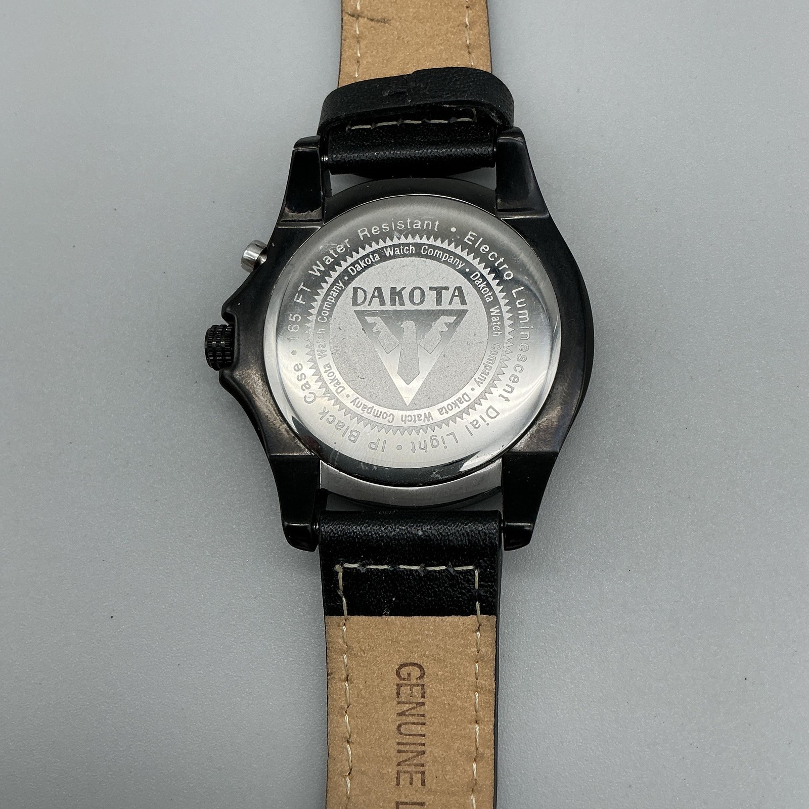 Dakota Mens Watch 42mm Gray Dial Black Case Leather Band Backlight New Battery