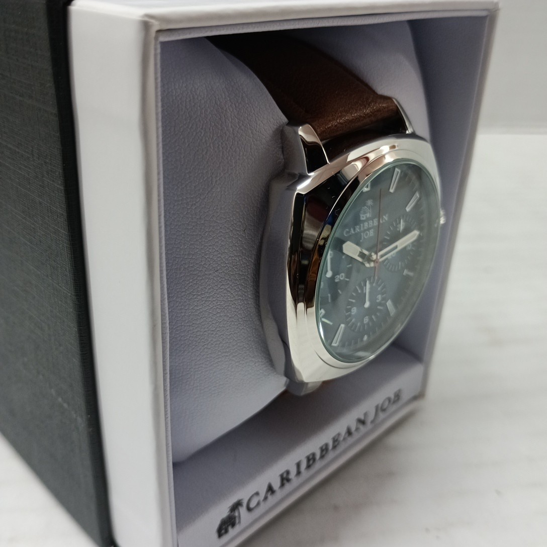 Caribbean Joe Watch Men 44mm Case Brown Band Blue Dial Silver Tone w/ Box