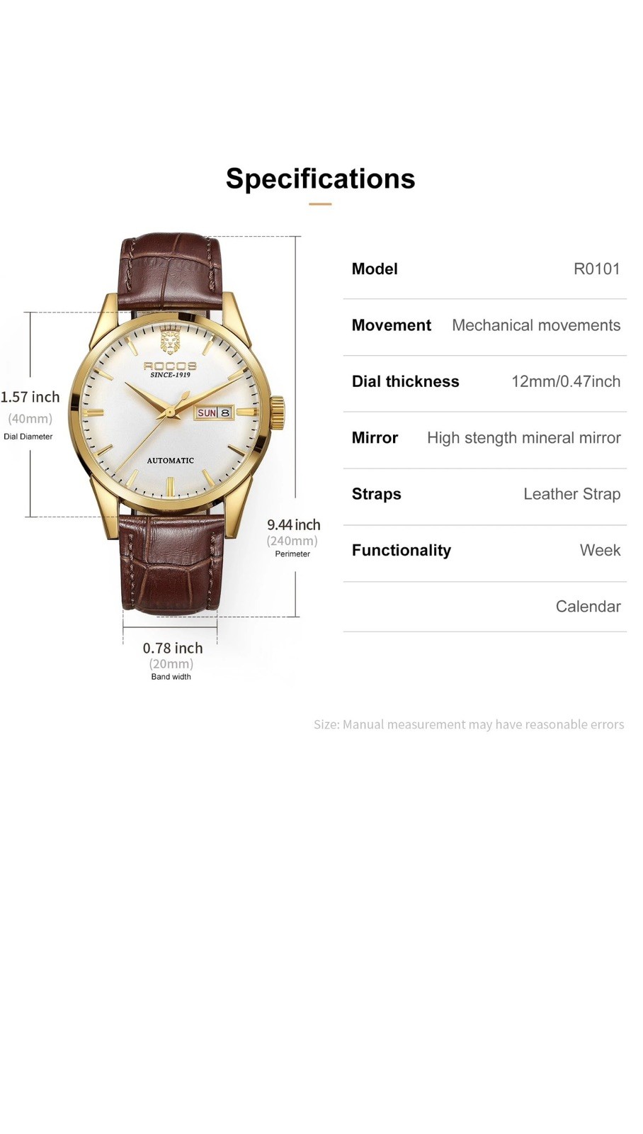 R0101 Men’s Automatic Mechanical Watch Golden Luxury Watch for Men Classic Re…