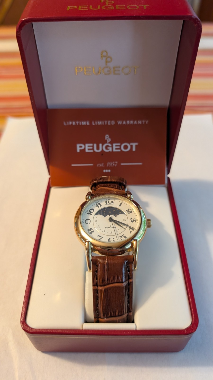 Peugeot 3032 14K Gold Plated Sun Moon Phase Dress Watch NOS Box Warranty RUNNING