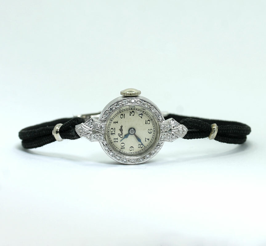 Platinum antique Croton VS diamond ladies watch black cord .20CT 16.5 MM 5.9 GM