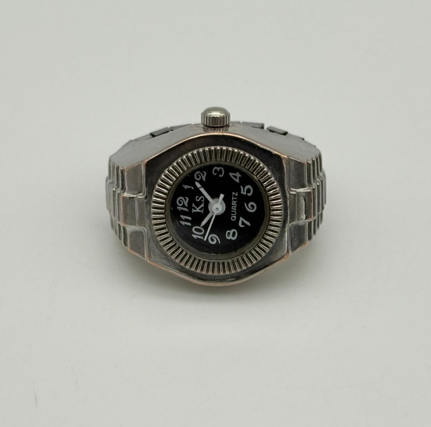 Women’s KS Silver Tone Black Dial 20mm Quartz Ring Watch, Round Dial, Runs