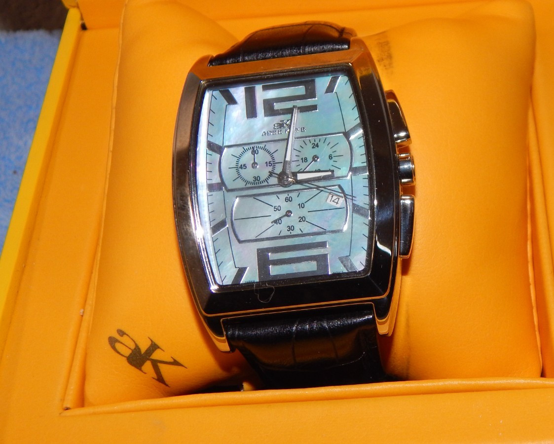 Adee Kaye Chronograph Stainless 42mm Watch Black Leather Band AK145-1M with Case