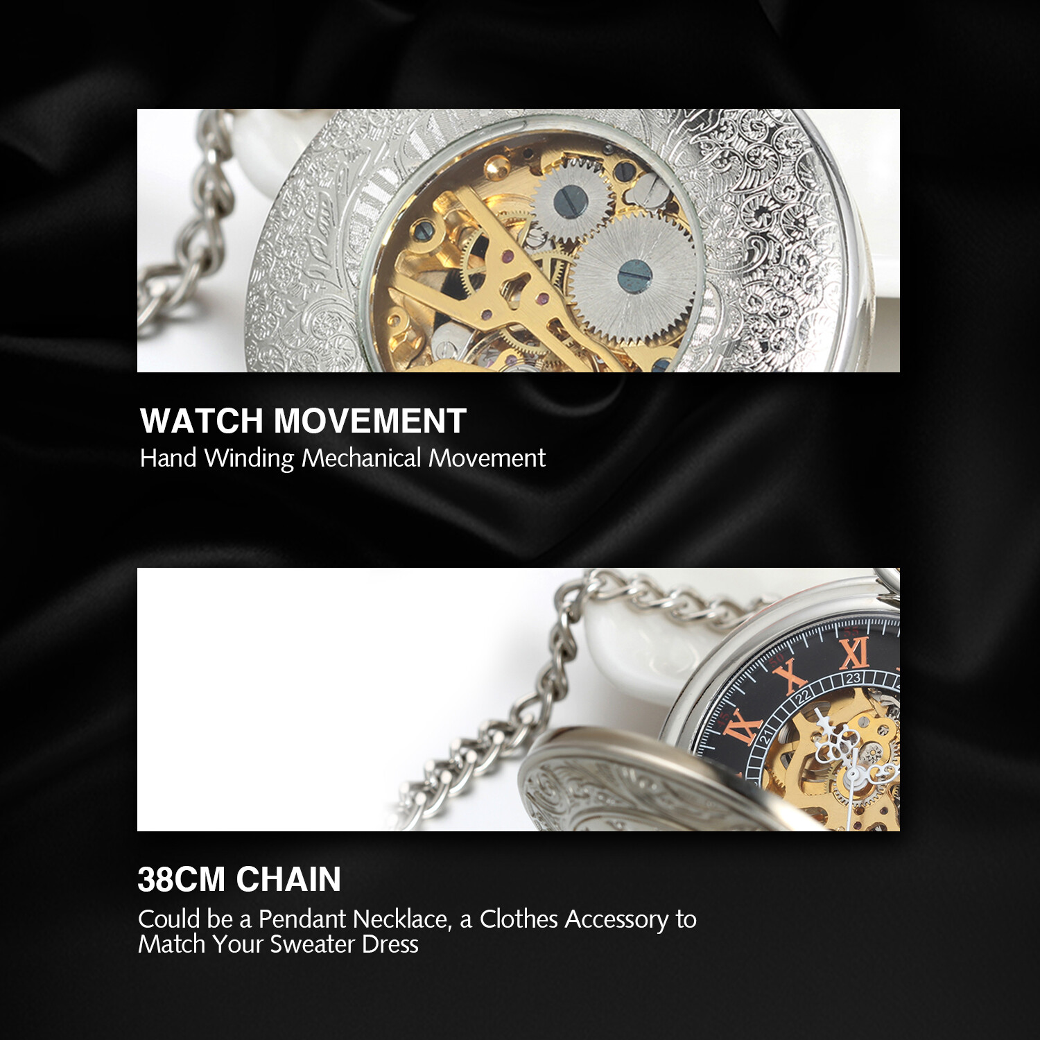 Portable Hand-winding Mechanical Skeleton Roman Numberals Carved Pocket Watch