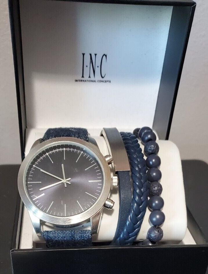 INC INTERNATIONAL CONCEPTS Stainless Steel Blue Denim Men’s Watch & Bracelets W2