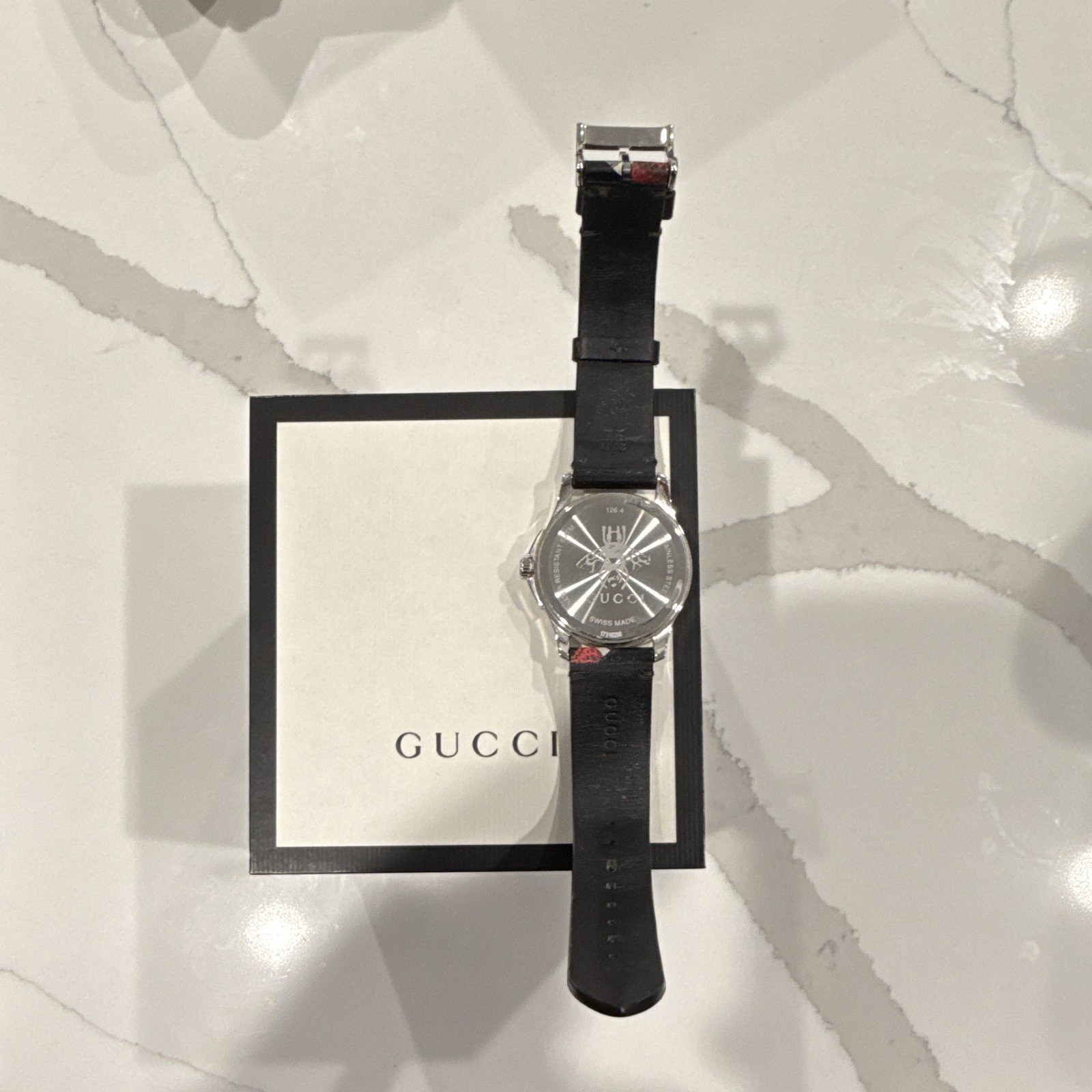 Gucci G-Timeless Swiss Made Quartz 50m Black Dial Leather Strap Watch w/Box