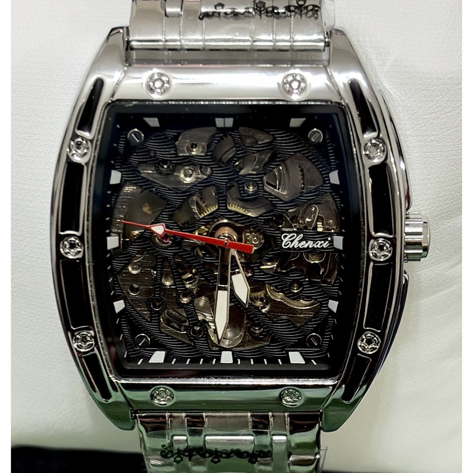Chenxi Automatic Skeleton Watch Men’s Barrel Tonneau Stainless Steel Mechanical