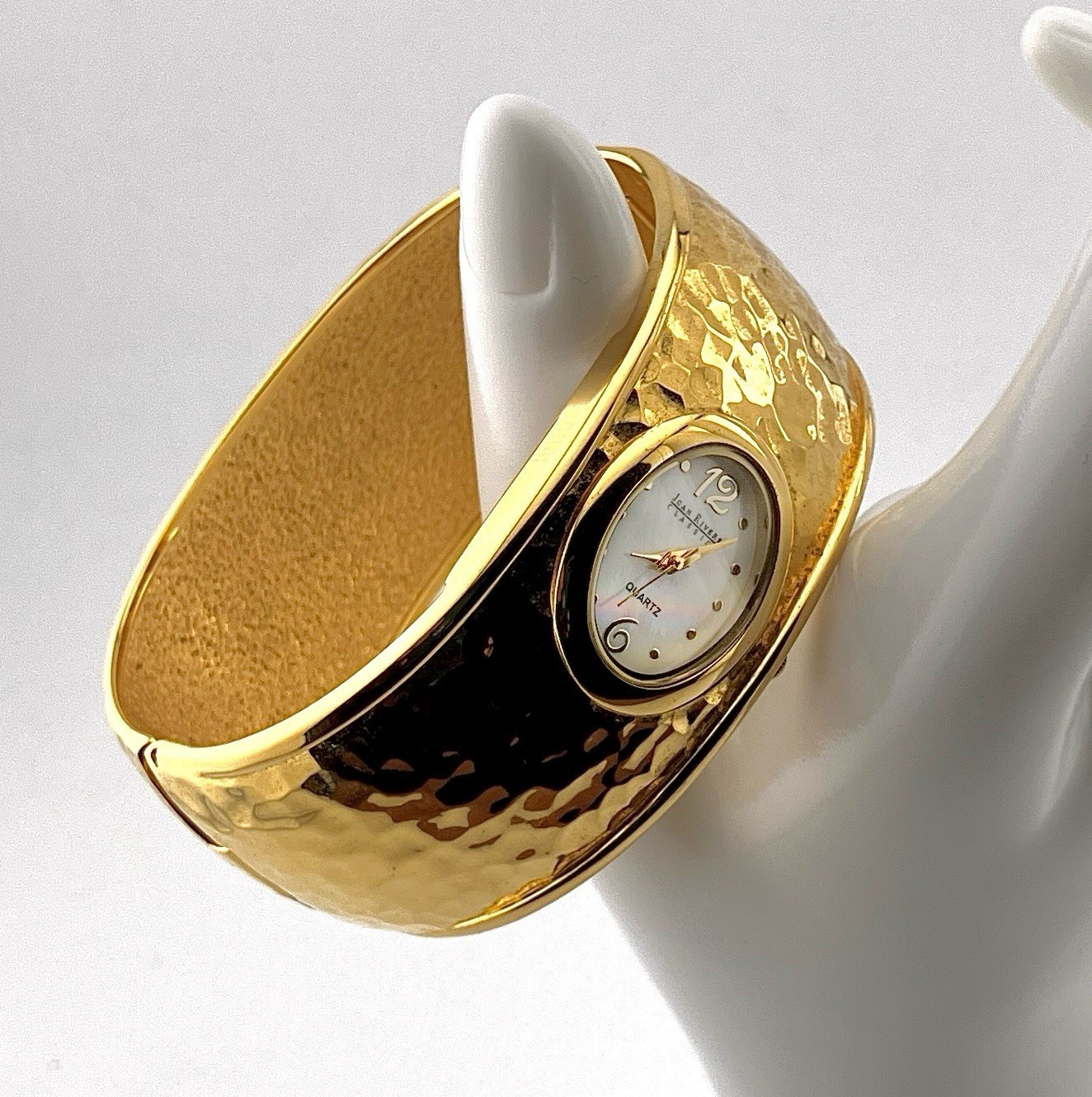 Joan Rivers Watch Hammered Gold Tone Cuff Mother of Pearl Face Japan Movt
