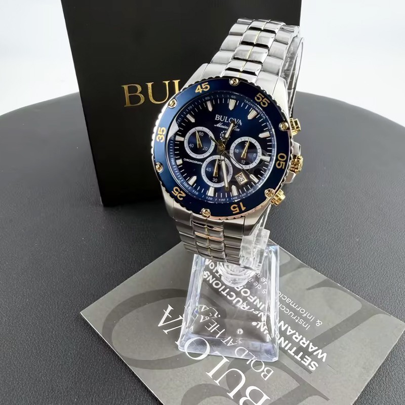 Men Bulova Classic Marine Star Blue Dial Chronograph 98B400 Quartz Watch 41.5mm